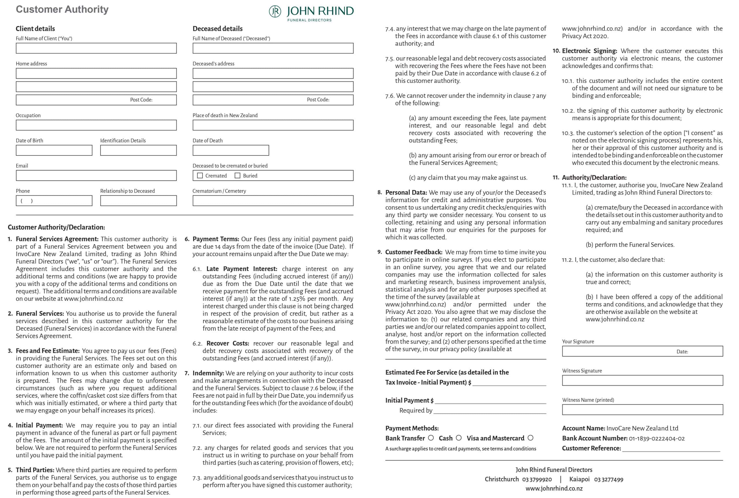 John Rhind Funeral Directors Customer Authority Form